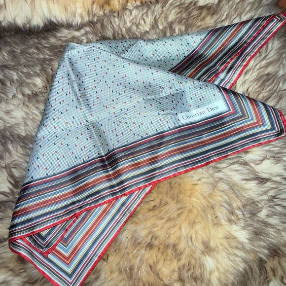 Christian Dior Vintage Silk Scarf — Red Trim Geometric Print Stripes Polkadot — - Picture 12 of 13